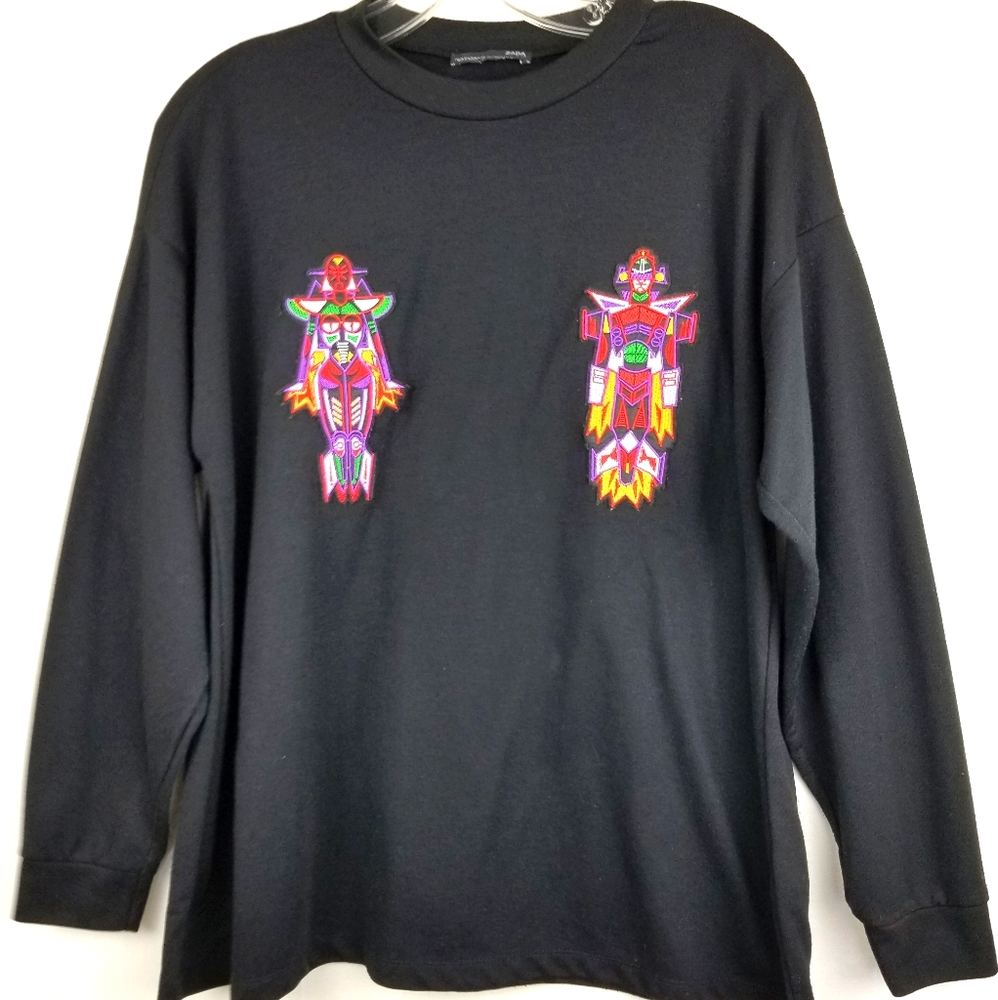 Zara Sweatshirt Black Robot Long Sleeve Mock Neck Pullover Size Medium Rare